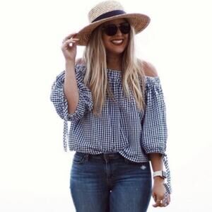 Elodie Womens M Blue 100% Cotton Gingham Off Shoulder Blouse Country Cottagecore